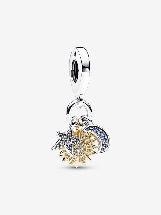 Conta Pendente Tripla Celestial dois tons Prata, Revestimento de ouro 14k