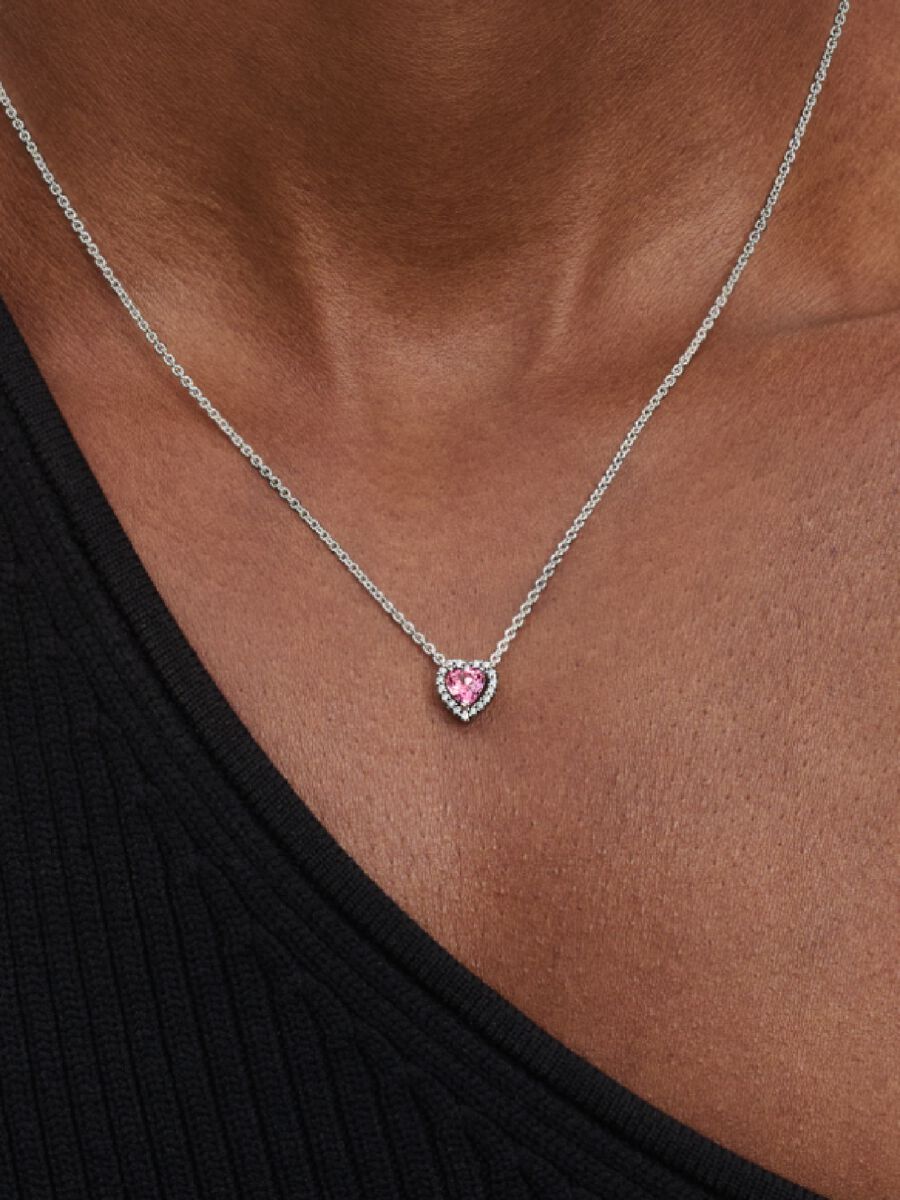 Colar Coração Elevado Rosa Prata